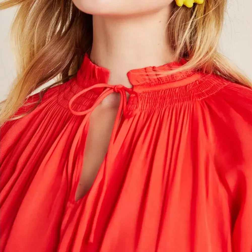 Anthropologie Poppy Mini Dress Red Smocked Medium Cottagecore Coquette Festival - Picture 8 of 16